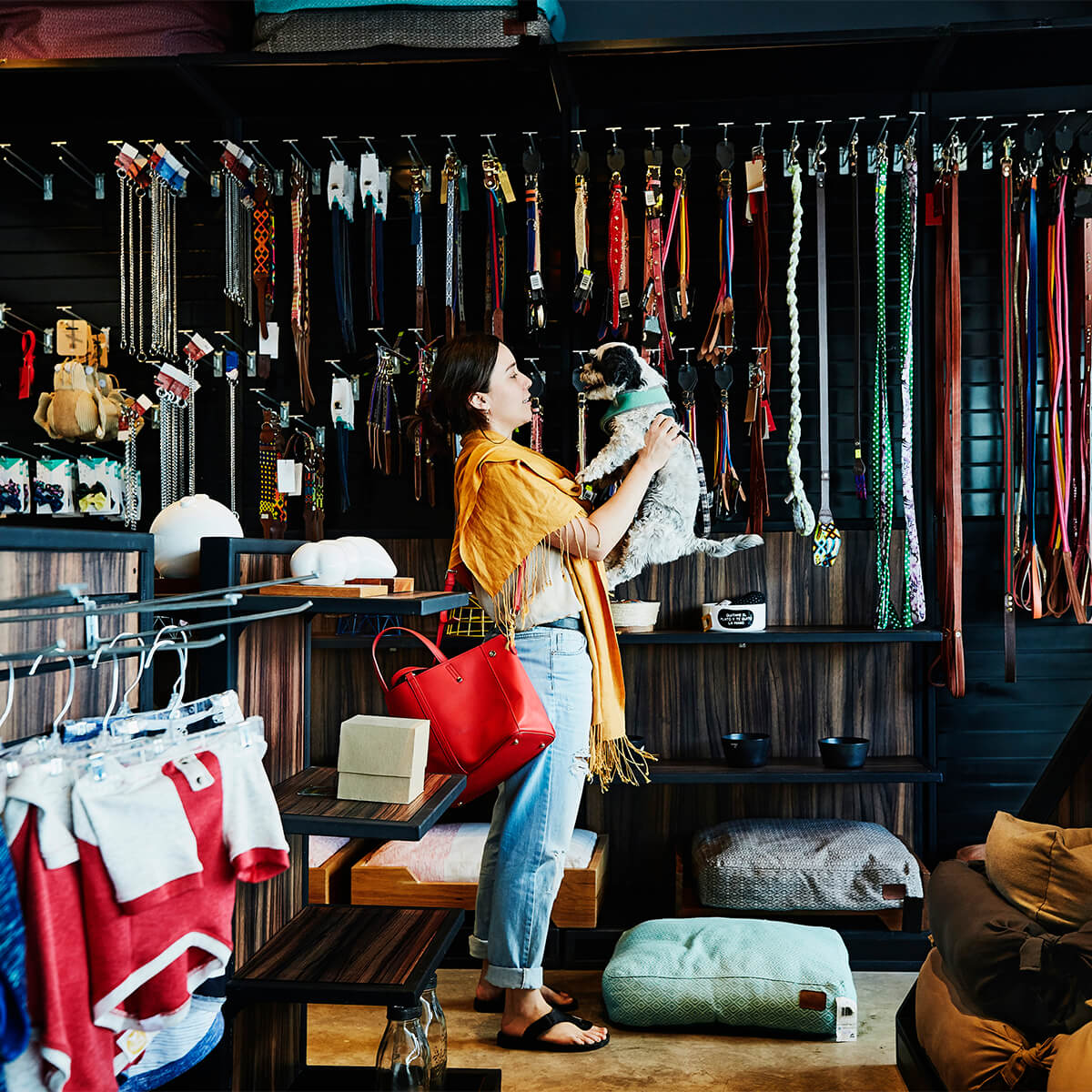 Une femme tient un chien dans ses bras