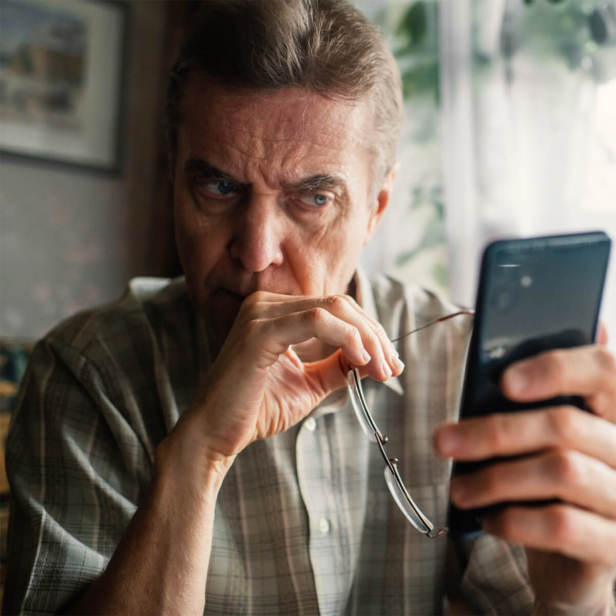 Homme âgé inquiet regardant un smartphone à la maison